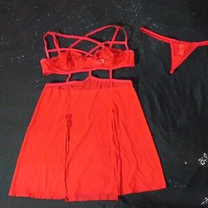 Dolls Kill Strappy Chest, Lace & Mesh Chemise & Thong Panties Lingerie Set (M)